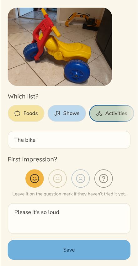 Adding a ride-on bike to the Activities list in Little Likes, with a happy face chosen and the note 'Please it's so loud'