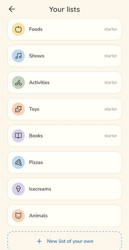 The Your Lists screen in Little Likes showing starter lists and custom lists like Pizzas, Icecreams, and Animals